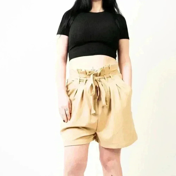 VENUS Pants - Venus Tan Paper Bag Cinched Tie Waist Shorts